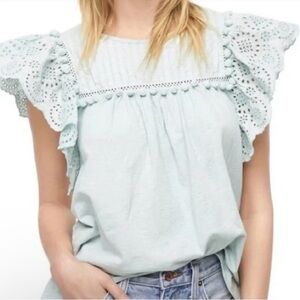 J. Crew Eyelet flutter-sleeve top with pom-pom trim size small